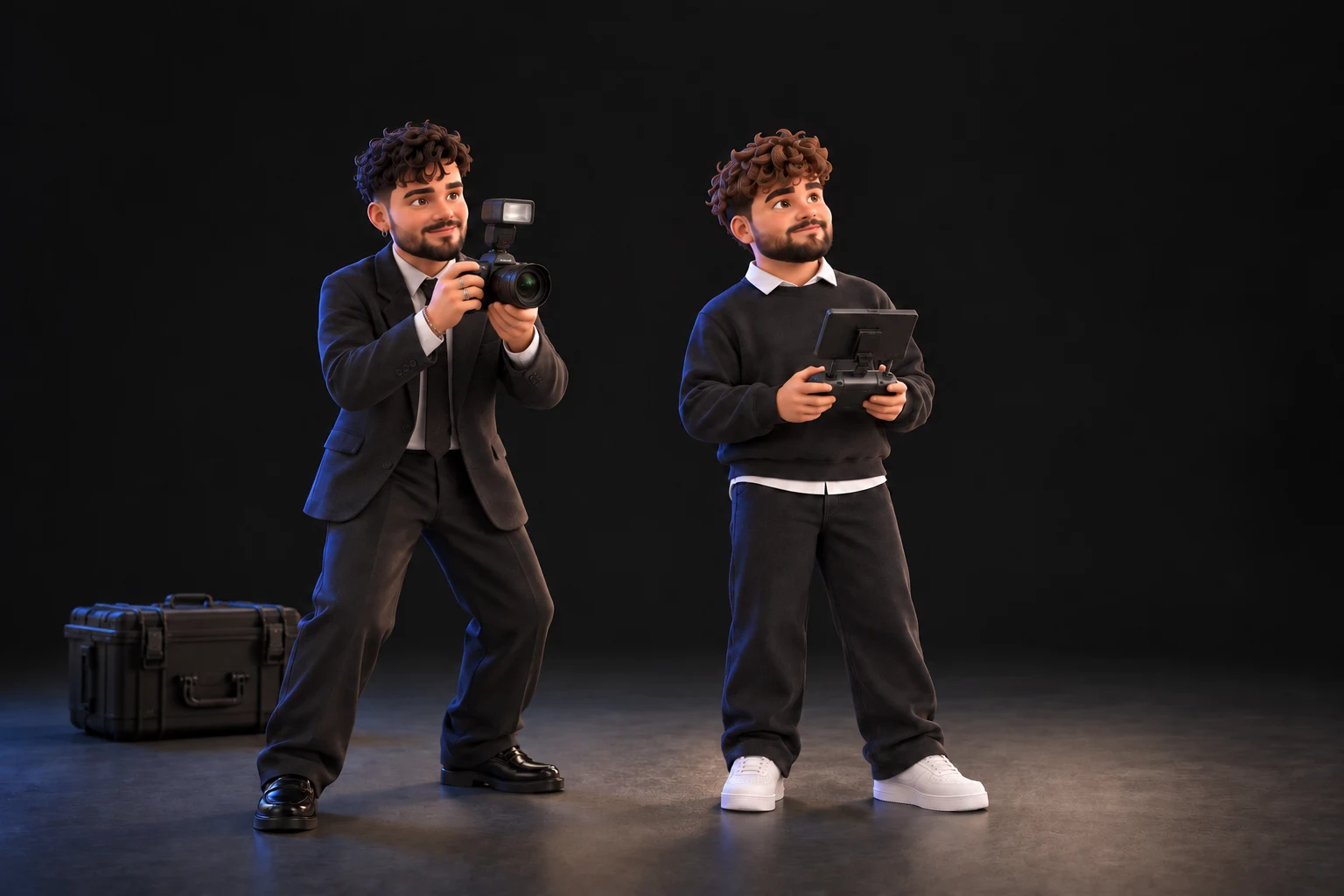 Diego mit Fotokamera und Aufsteckblitz, daneben Leon mit einer Drohnensteuerung im dunklen Studio.